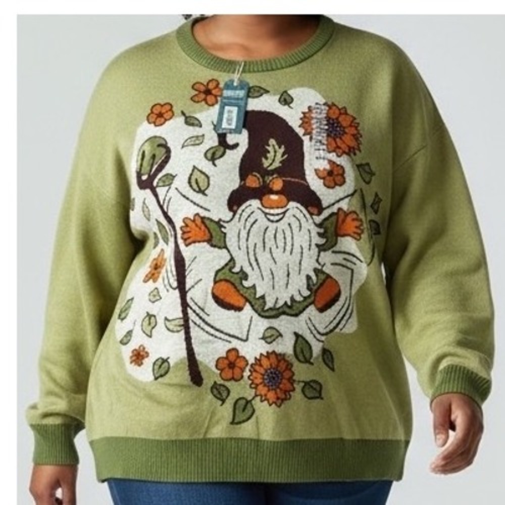 Earthbound Gnome Flowers Sunflowers Long Sleeve Knit Sweater Green XXL